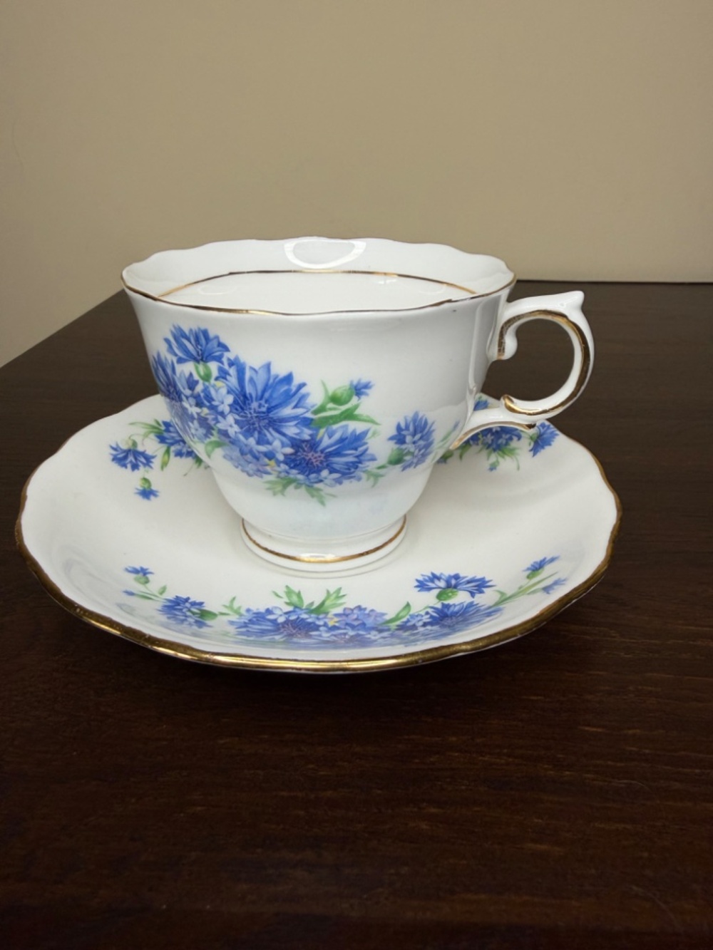 Vintage Colclough Cornflower Blue White Tea Cup & Saucer Set England Gilt Gold